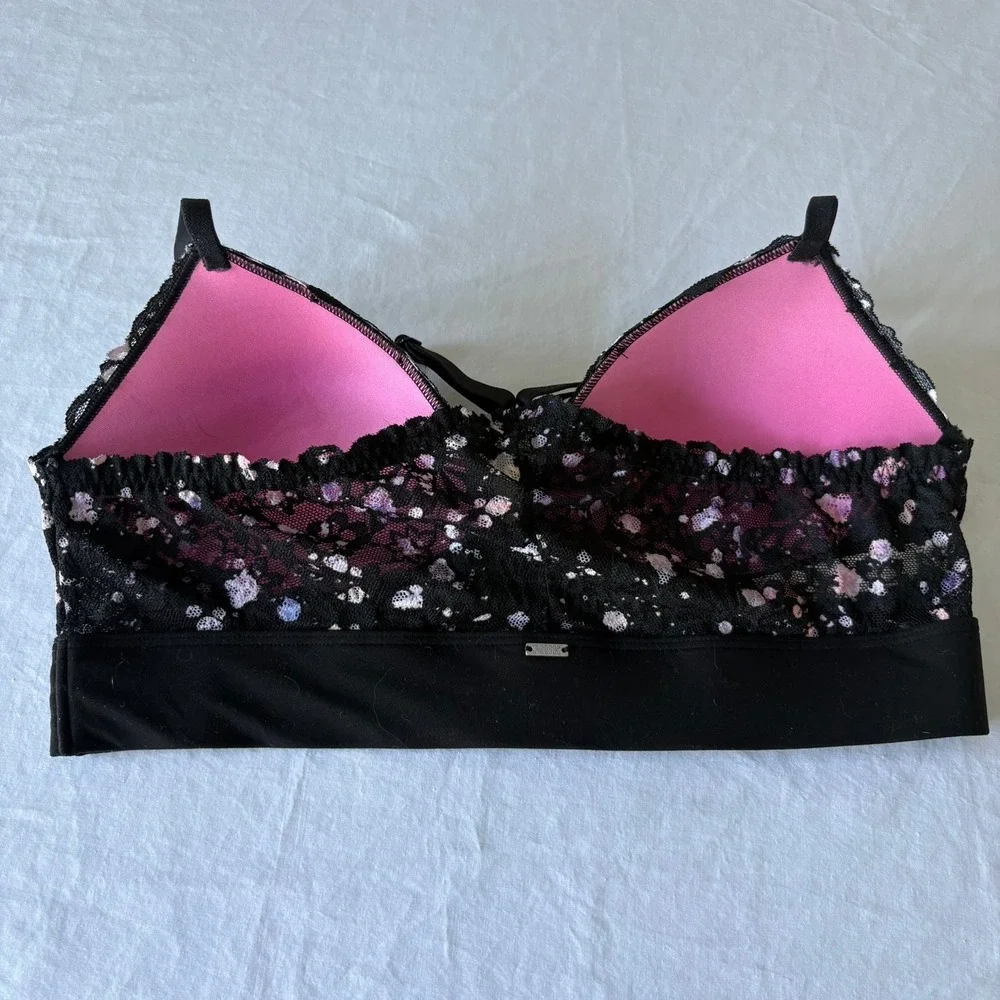 Victoria's Secret PINK Lace Bralette Black Floral Splatter Lightly Lined Medium
